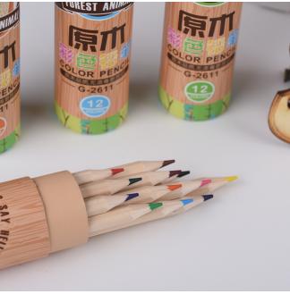 原木彩色铅笔圆纸桶装12色木杆铅笔